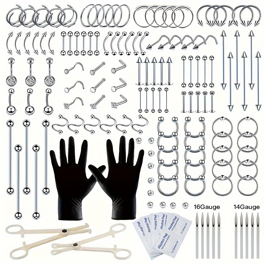 

148pcs Body Piercing Kit With Stainless Steel Jewelry & Tools - Ideal For Nose, Belly, Lips, Ears, Eyebrows, Tongue, - Casual Wear