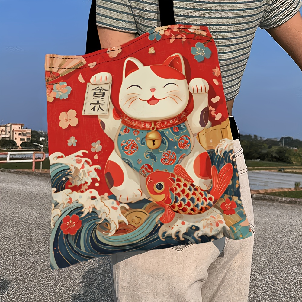 TEMU 招き猫トートバッグ ショッピング・仕事・旅行に最適 - 幸運の招き猫プリント 丈夫なミニマリスト 男女兼用バッグ 手洗い可 開閉部なしデザイン マルチカラー