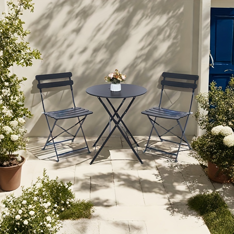 folding 3pcs french style folding metal bistro set   2 cafe chairs and folding table small footprint is ideal for porch balcony or patio outdoor living