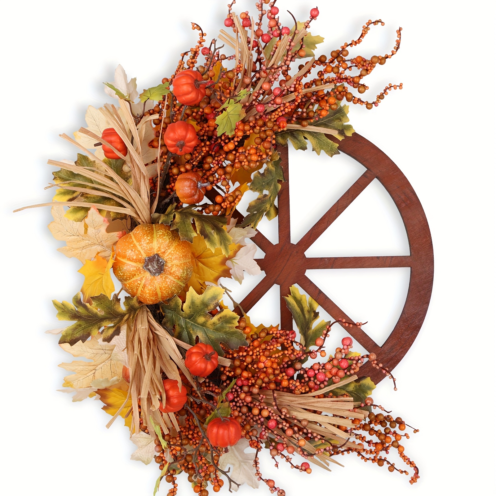Image of 22 Inch Artificial Fall Pumpkin Wheel Wreath, Artificial Autumn Front Door Wreath Harvest Wreath With Pumpkins Berries For Outside Indoor Wall Festival Thanksgiving Autumn Decor Christmas Halloween