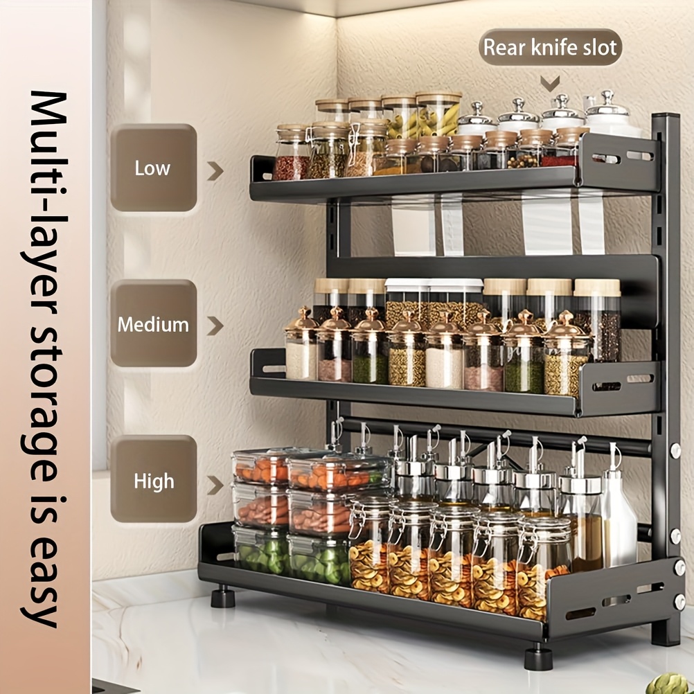TEMU Multi-functional 3-tier Metal Spice Rack And Utensil Organizer - Carbon Steel, Essential Kitchen Countertop Storage