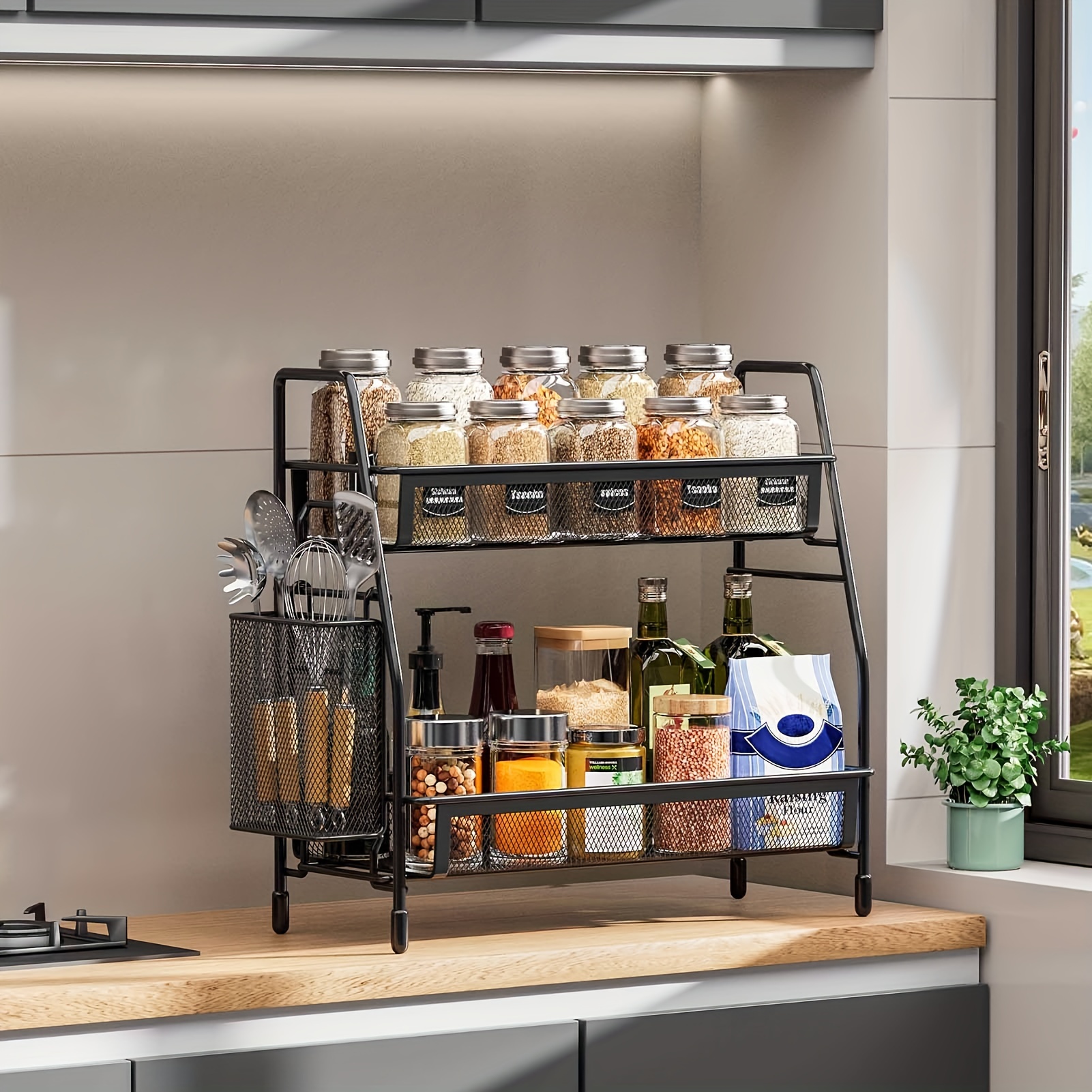 Contemporary Metal Kitchen Countertop Organizer with Side Baskets,  Multipurpose Storage Rack for Cosmetics and Spices Shelf, Kitchen  Organizers And