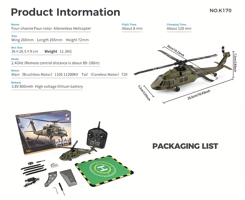 WLtoys K170 Blackk Hawk UH-15.85gal 170 RC Helicopters 2.4G 4CH Flybarless 1106 External Brushless Motor RC Helicopter Toys for Adults Boys
