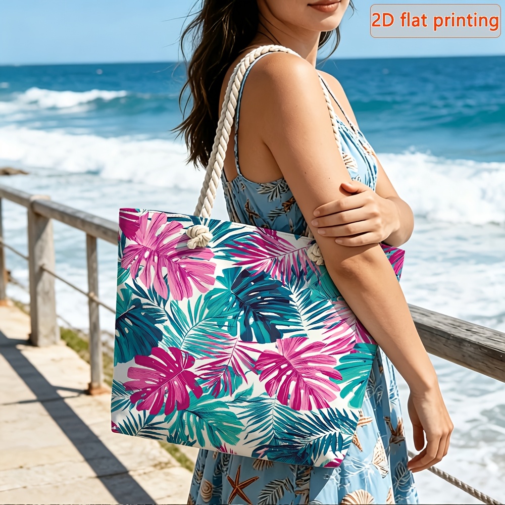 TEMU 1pc 2d Flat Tropical Colorful Plant Print Pattern - Fiber Beach Bag, With Dual Comfortable Handles And Detachable Strap, Zipper Closure Design,