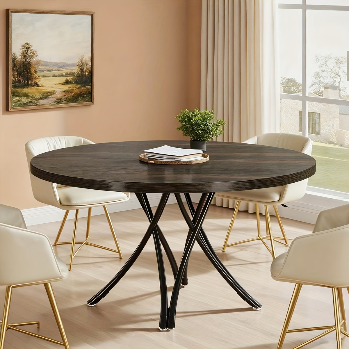 47-inch Modern Round Dining Table For 4-6 People, Wood Kitchen Table With Sturdy Cross Metal Legs (black) (table ) (1pc)