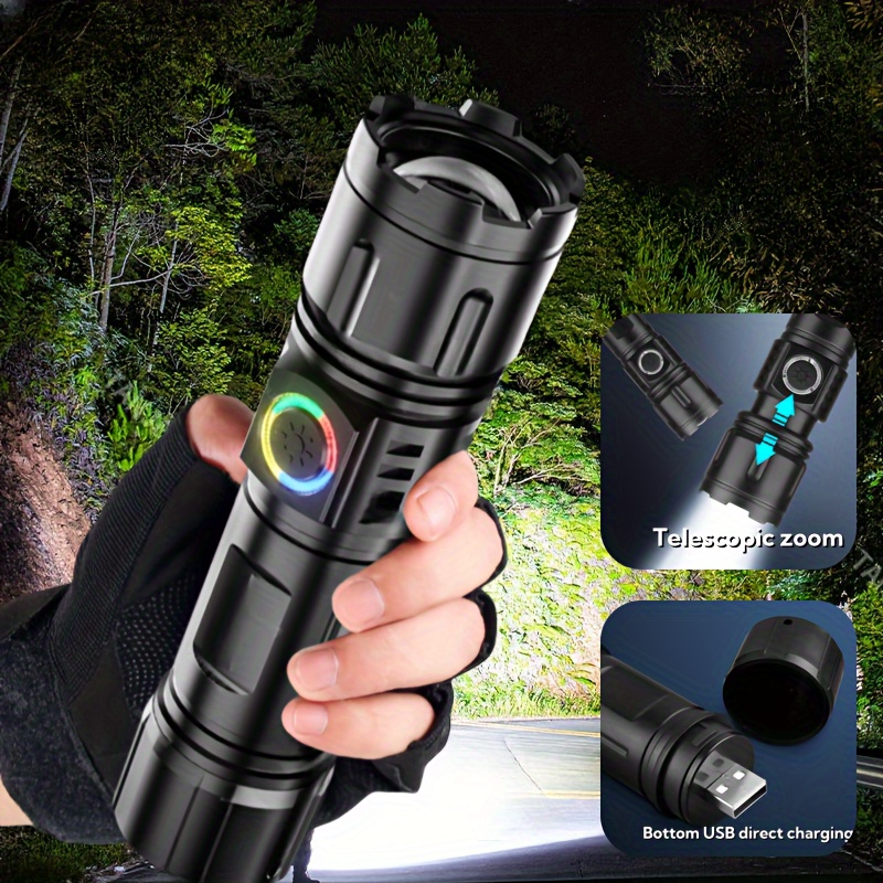 

1pc Rechargeable Led Flashlight, 350-500 , 3 , 200-500m Range, Abs Material With Lanyard, Usb Charging, 36v Max Voltage, 18650 Lithium Battery, For Outdoor Camping, Fishing, Hunting, Hiking