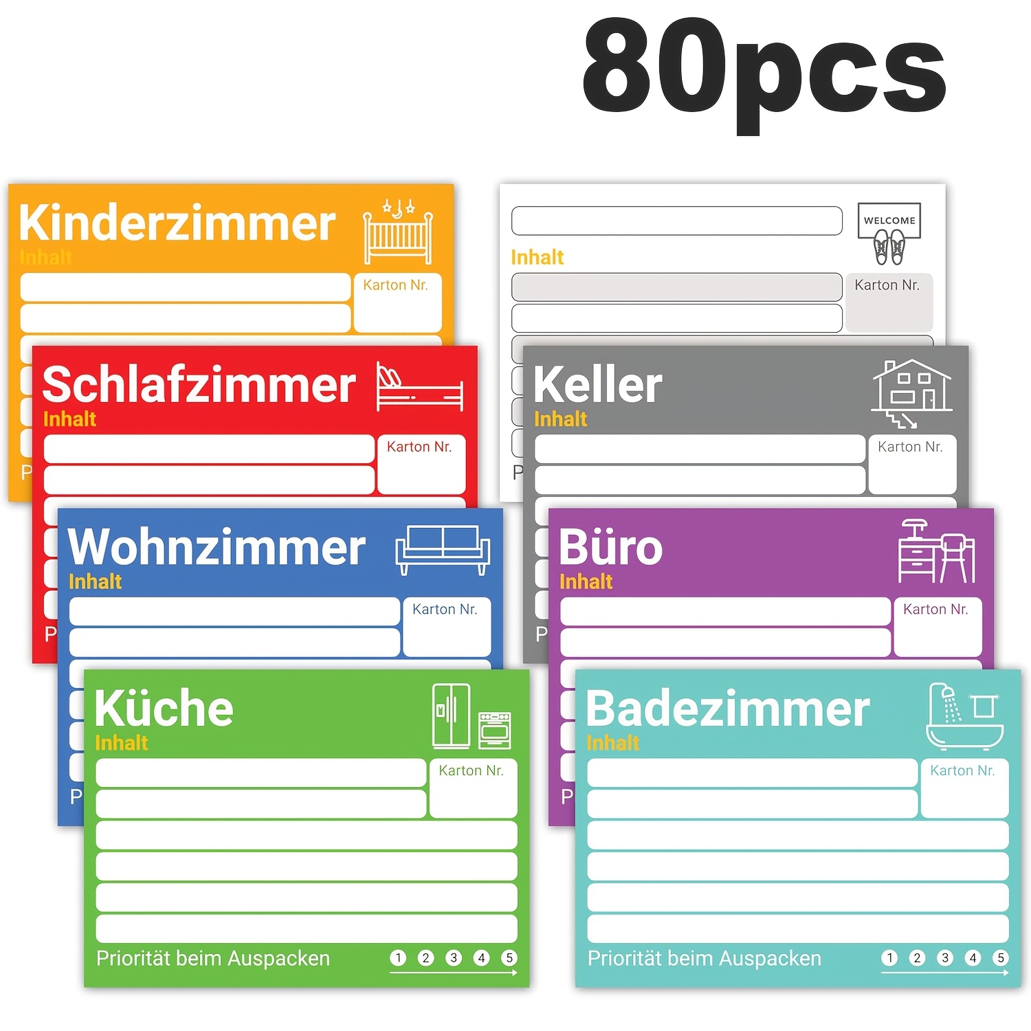 E-shop 80 Aufkleber, bunte deutsche Umzugstransportetiketten, bunte Sortier- und Organisationsaufkleber für Gegenstände/Räume/Prioritätsmarkierung mit