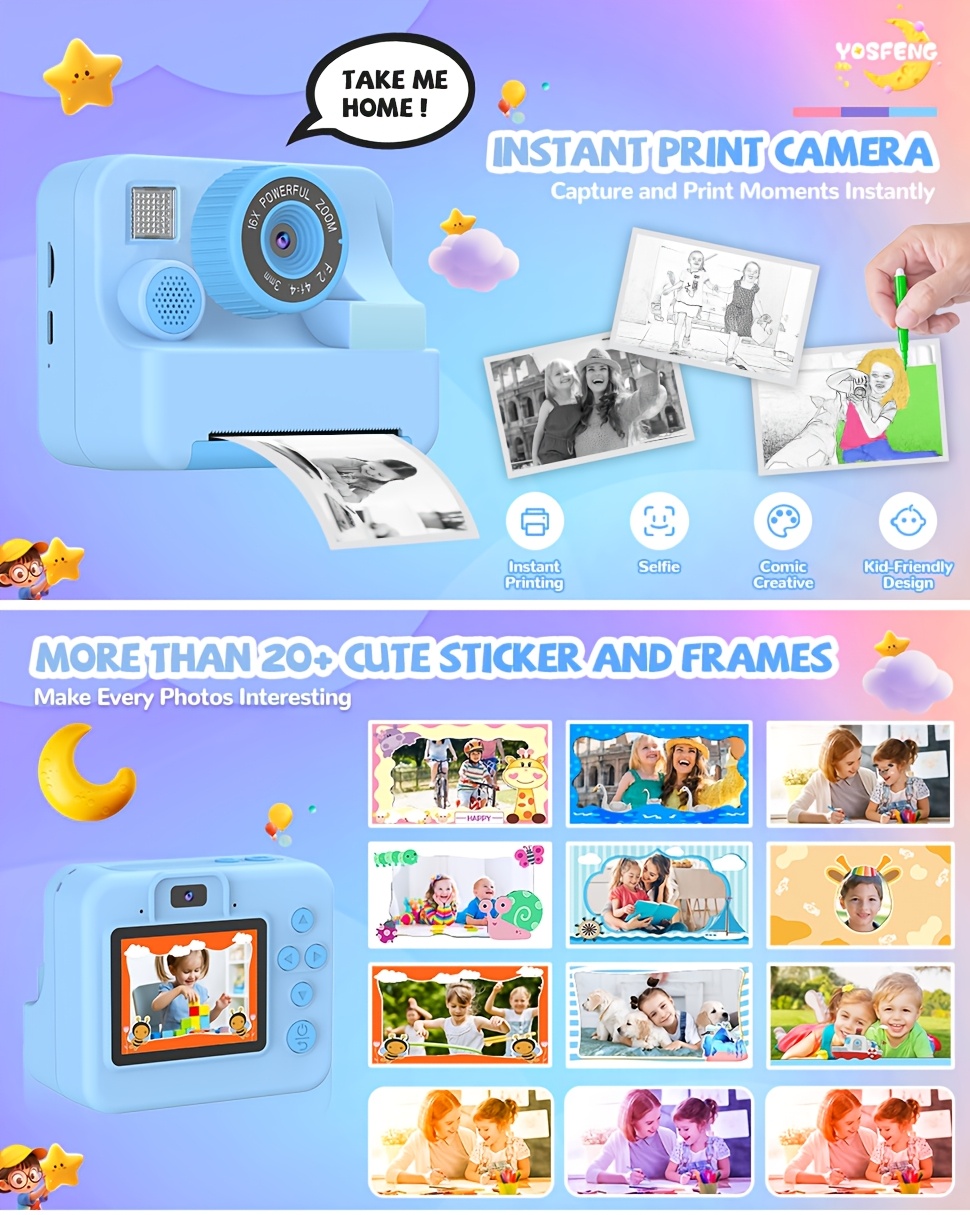 Kids Camera Instant Print Camera For Kids, Portable Camera That Print Photo, Instant Digital Camera For Kids Printing Camera Toy 3 4 5 6 7 8 9 10 Year Boy Girl Christmas Birthday Gift