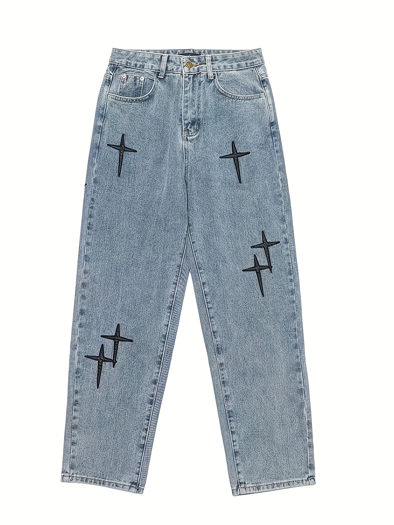 new mens star embroidery jeans baggy straight fashion wide - Temu