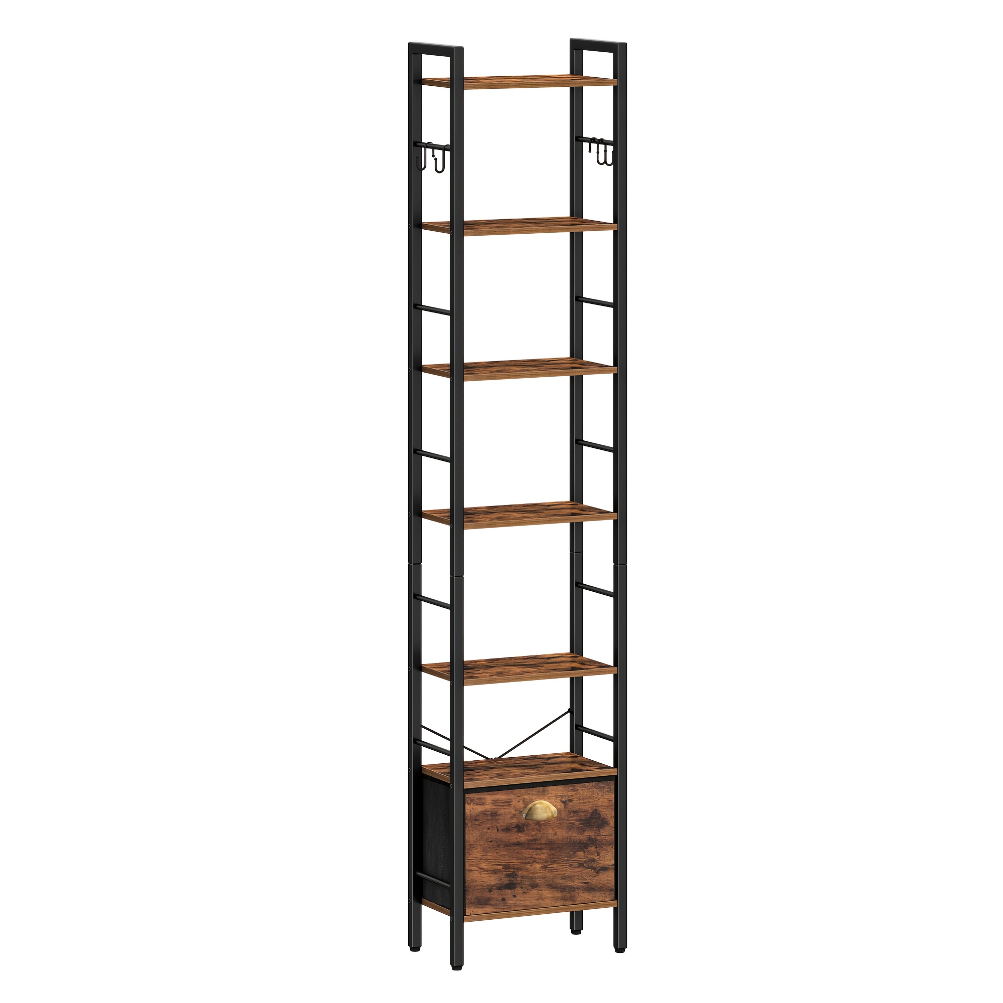 Bookshelf, 7 Vertical Shelves With 1 Foldable Fabric Drawer And 4 Hooks, Open Shelves, Metal Frame, Suitable For Study, Living Room, Bedroom, Kitchen, Brown