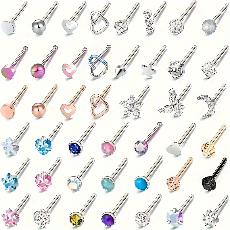 

44-piece Elegant & Sexy Nose Ring Set - 20g Stainless Steel Studs With Moon, Star, Heart, Butterfly Designs - Hypoallergenic Body Piercing Jewelry For Women And Men Fancy Earrings For Women