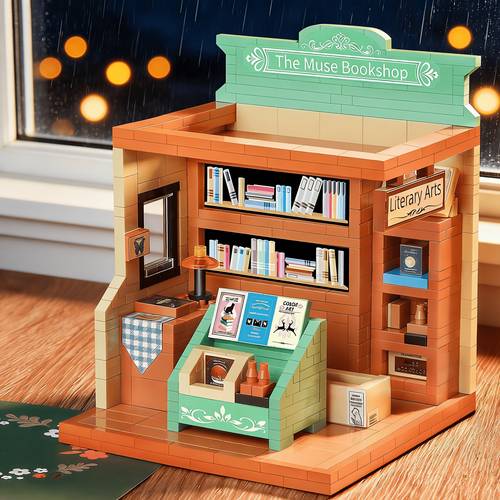 item picture retro bookstore block model independent bookstore shape brick exterior window layer by layer construction interior bookshelf literary classification rich details assembly like organizing a miniature library vibrant design