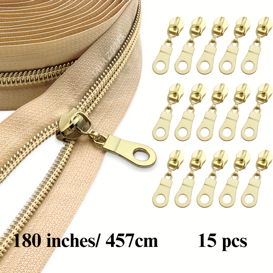 Image of 180 Inch 15pcs Zipper Heads #5 Golden Nylon Coil Multiple Colors Zippers