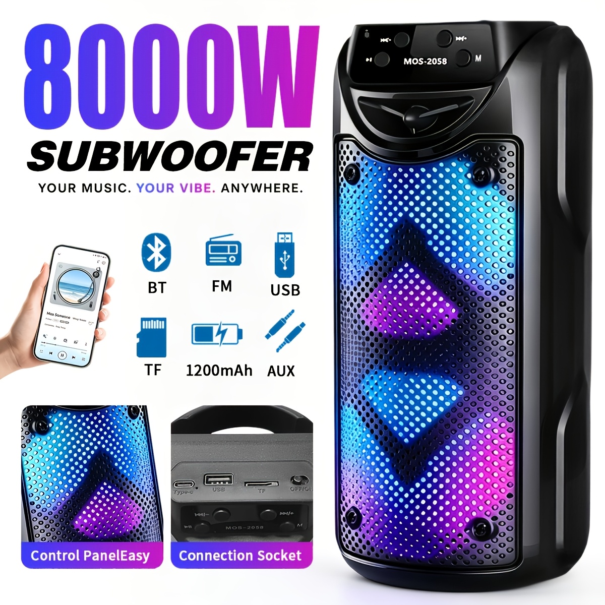 TEMU 8000w Outdoor Wireless Portable Stereo Speaker With Built-in Colorful , Dual Speakers For Surround Sound. Long-lasting And Stable Connection,