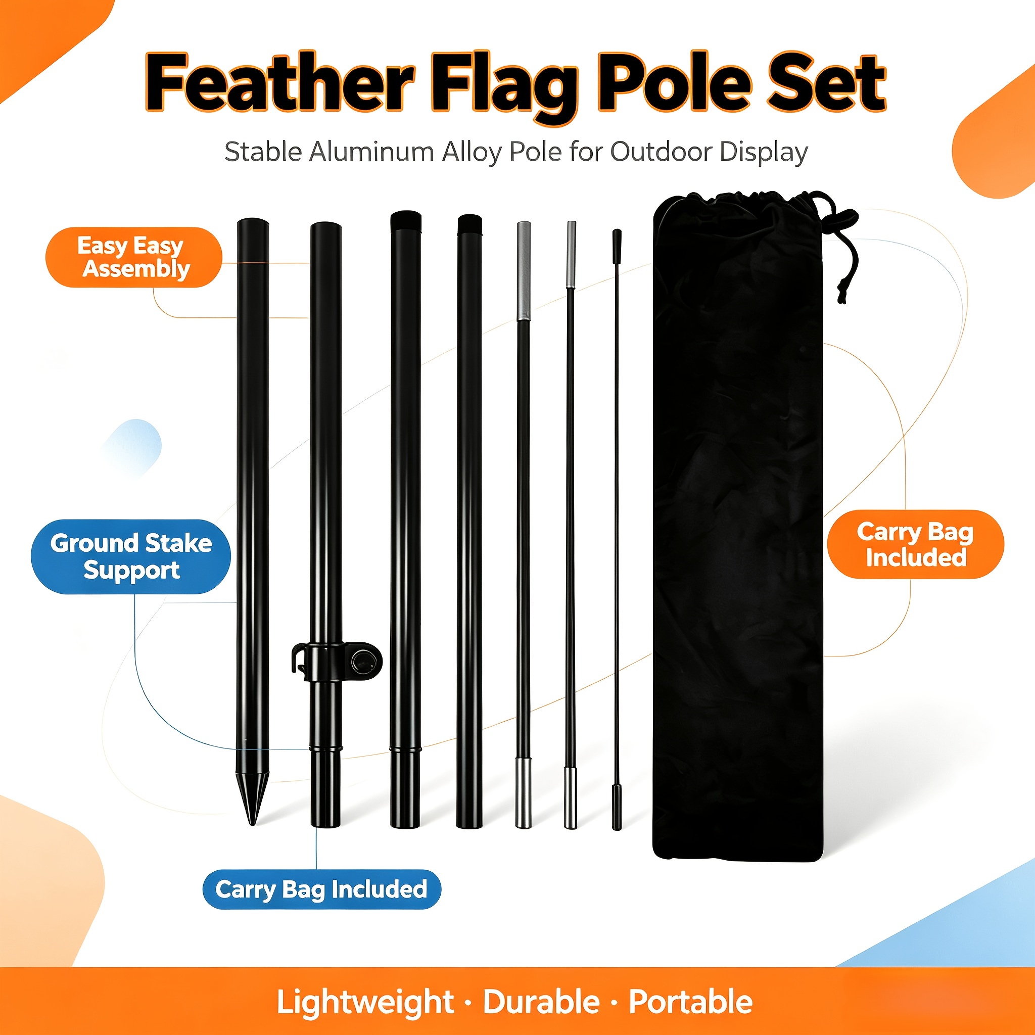 TEMU Ensemble de mât de drapeau à plumes publicitaire de six pieds, de mât détachable, facile à assembler, inclut piquets de et sac de rangement,