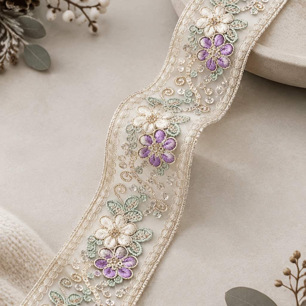 TEMU Luxury Floral Embroidery Lace Trim, Beige Mesh Ribbon With Purple & Cream Flowers, Scalloped Border For Couture Garment Decoration