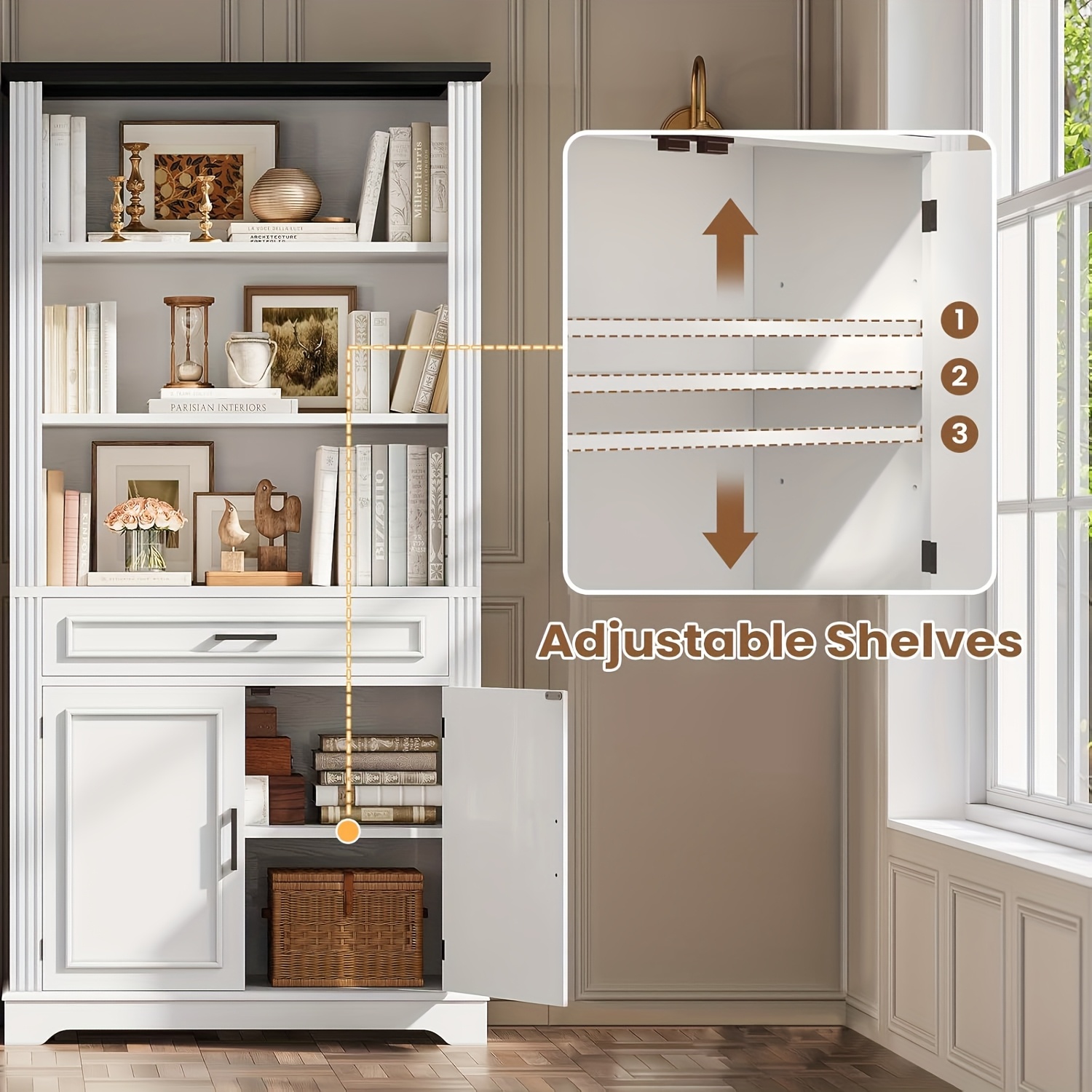 Farmhouse Bookcases with Doors And Drawer, 6 Shelf Display Storage Shelves 70 in Tall Bookshelf for Home Office