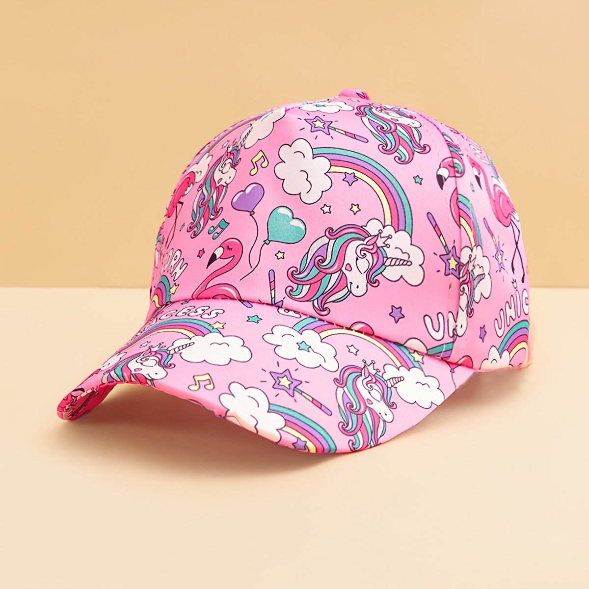 Image of ' Pink Baseball Cap With Rainbow Unicorn And Flamingo Prints - Ages 5-8. Cute, Sweet, And Sun-. Perfect Gift. For Spring/summer Travel, Photoshoots, School, And Play