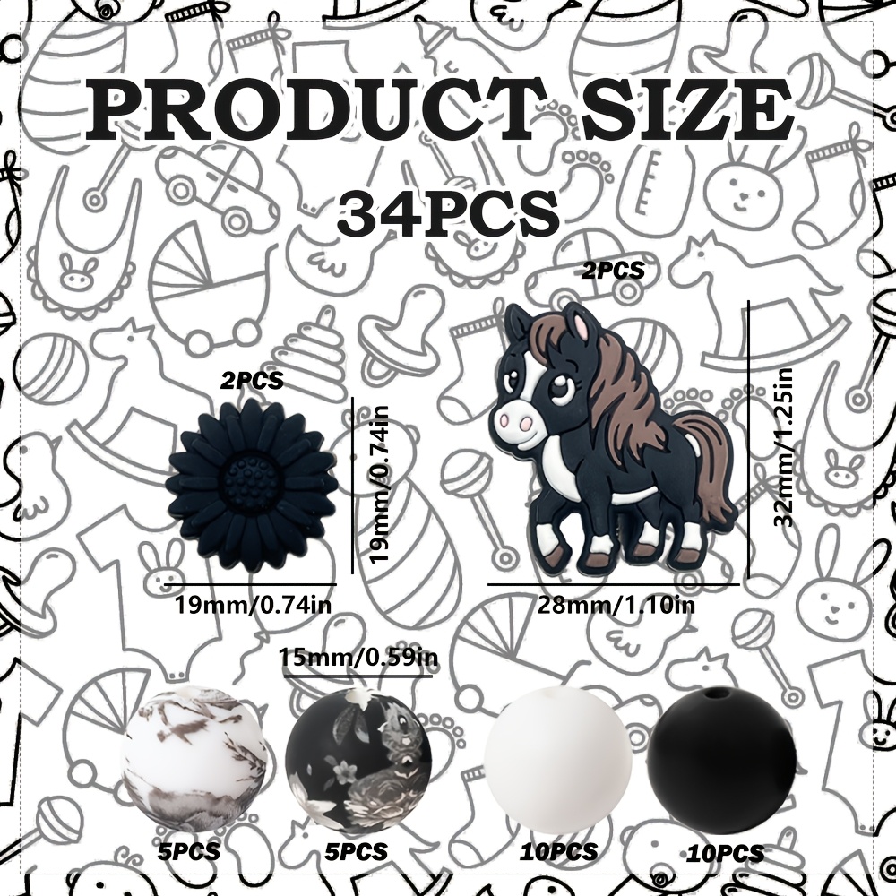 TEMU 34pcs Silicone Beads In Of A Pony, Designed With Black And , Suitable For Jewelry Decoration And Bead Additions, Used For Making Earrings,