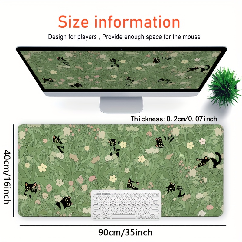 TEMU Tapis de souris noir avec un grand chat vert, 35,4x15,7 pouces, tapis de bureau HD, tapis de clavier en caoutchouc antidérapant, accessoires de