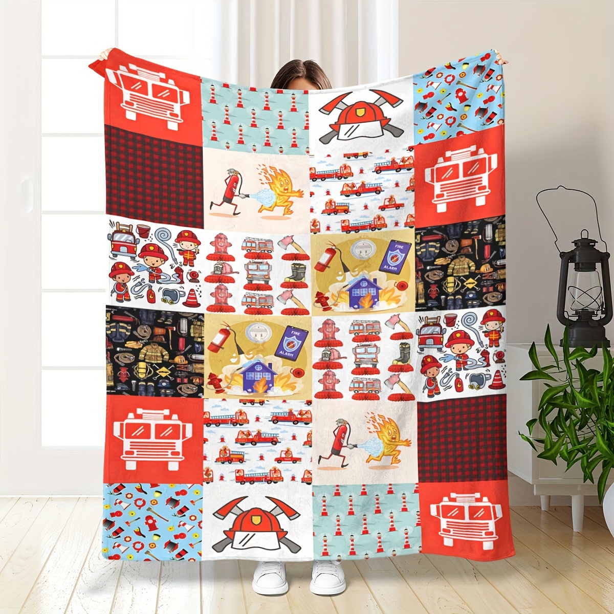 

Firefighter Themed Patchwork Blanket: Perfect For Office, Travel, And Picnics - Soft And Durable, Hand Or Machine Washable