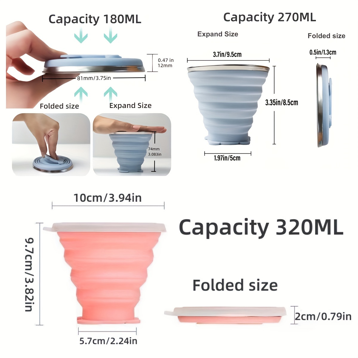 1pc 180/270/320ml Portable Outdoor Camping And Travel Folding Water Cup, Food-grade Silicone Compression Cup For Brushing Teeth, Travel Folding Water Cup