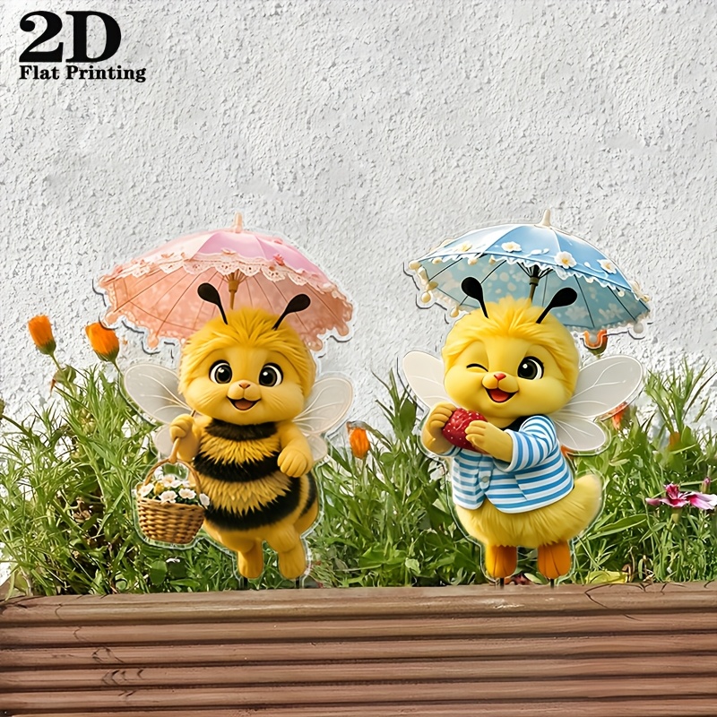 2d Flat, [2d Flat] 2pcs Bee Garden Stakes - Cute Bee-themed Outdoor Lawn Decorations With Beehive Suitable For, Flower Beds, Plastic Ornament, Reusable Bee Decor For Courtyard, Gift For , 2d Flat