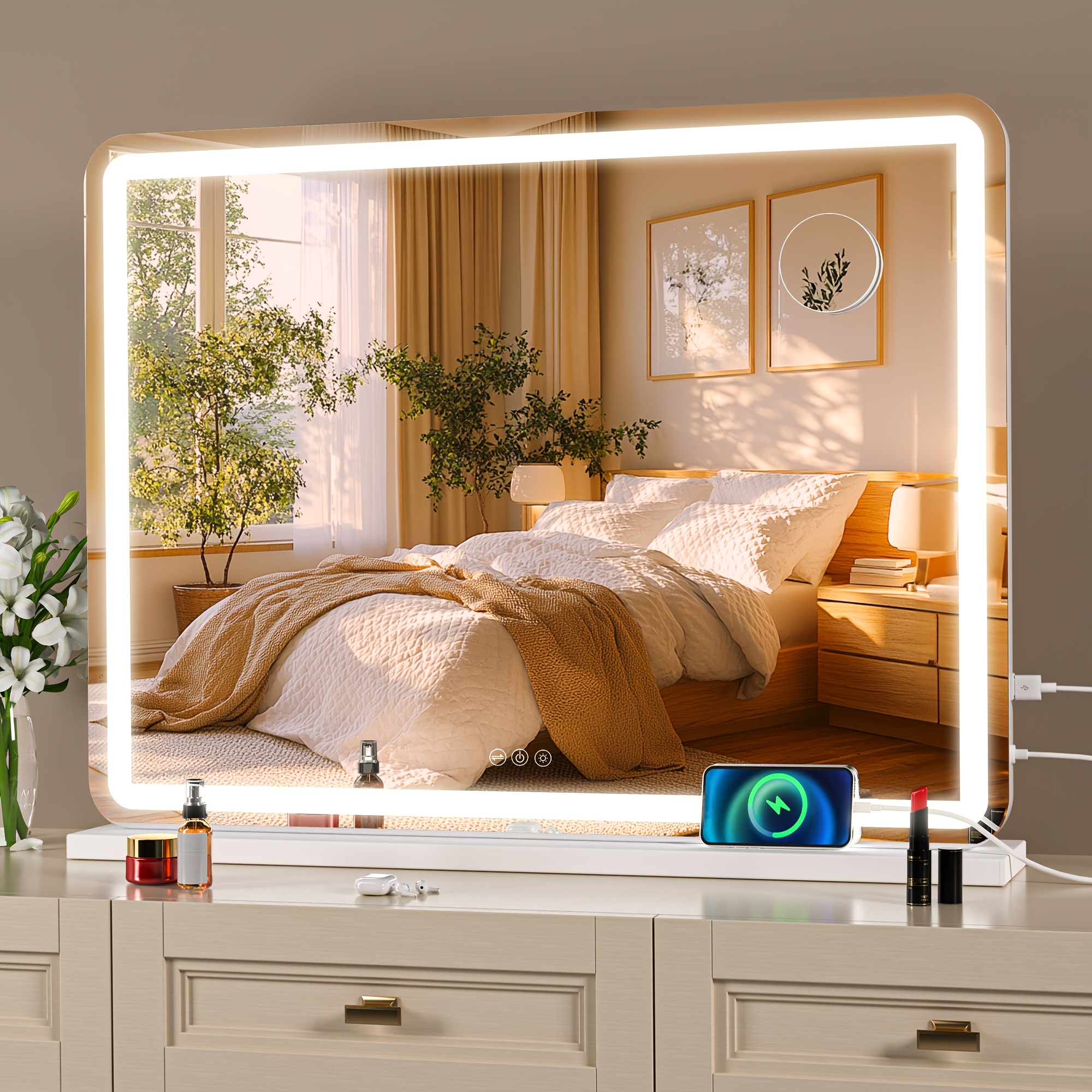 

Vanity Mirror With Lights, 32" X 22" Led Makeup Mirror, Lighted Makeup Mirror With Dimmable 3 , Touch Screen Control Vanity Mirror