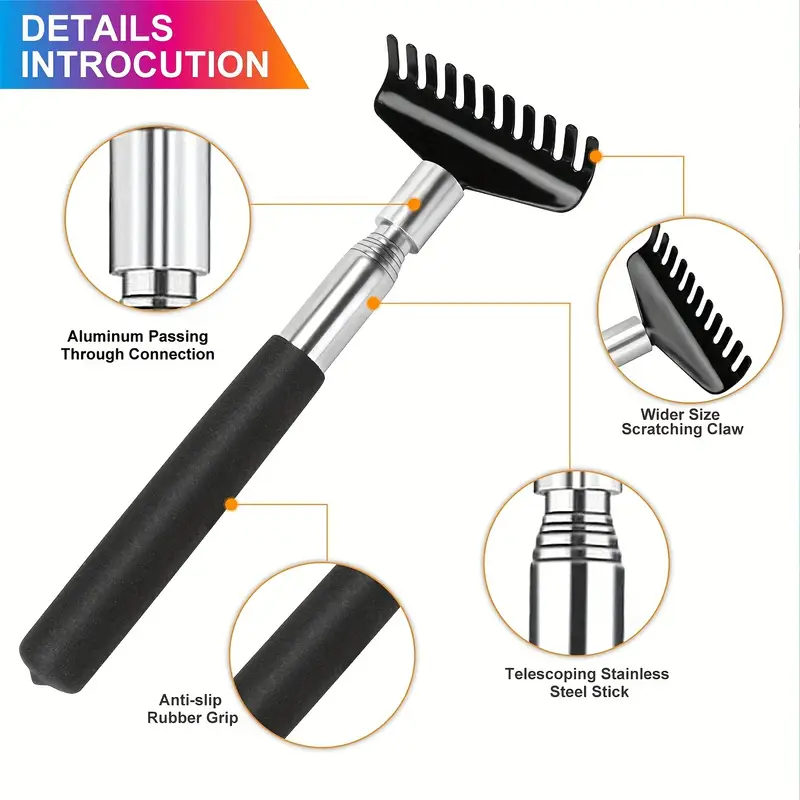 1pc oversized portable telescoping back scratcher for men women durable stainless steel extendable reach with canvas carrying bag ideal stocking stuffer Product details 1