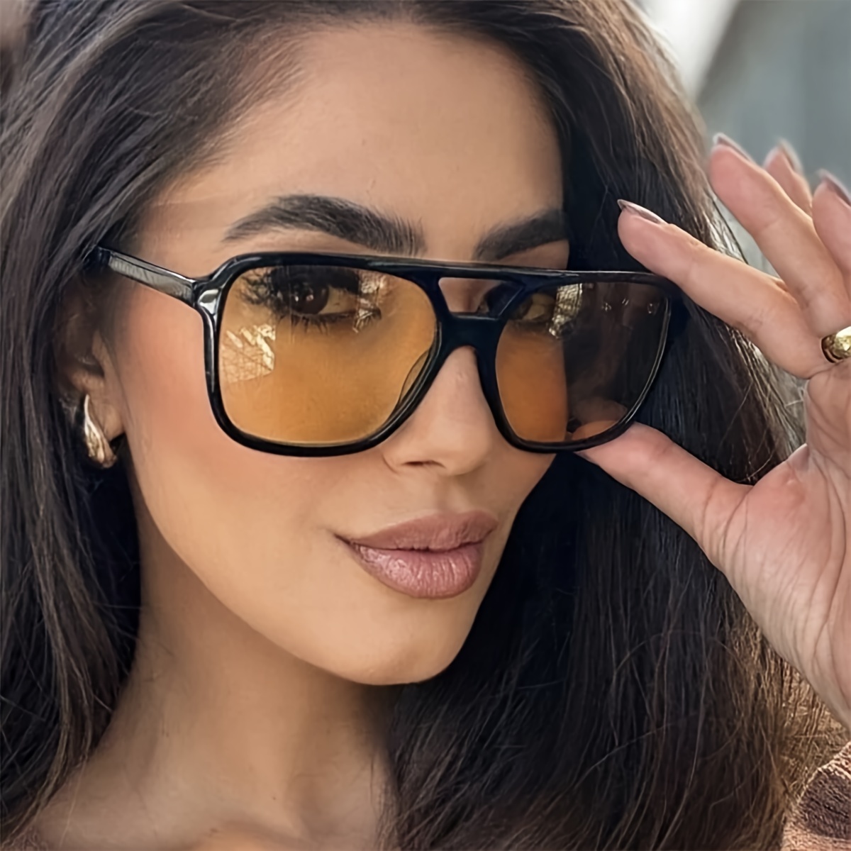 

1 Pair Of Women's Yellow Plastic Double Frame Retro Double Frame Simple And Personalized Trendy Glasses Suitable For Daily Commuting And College Use