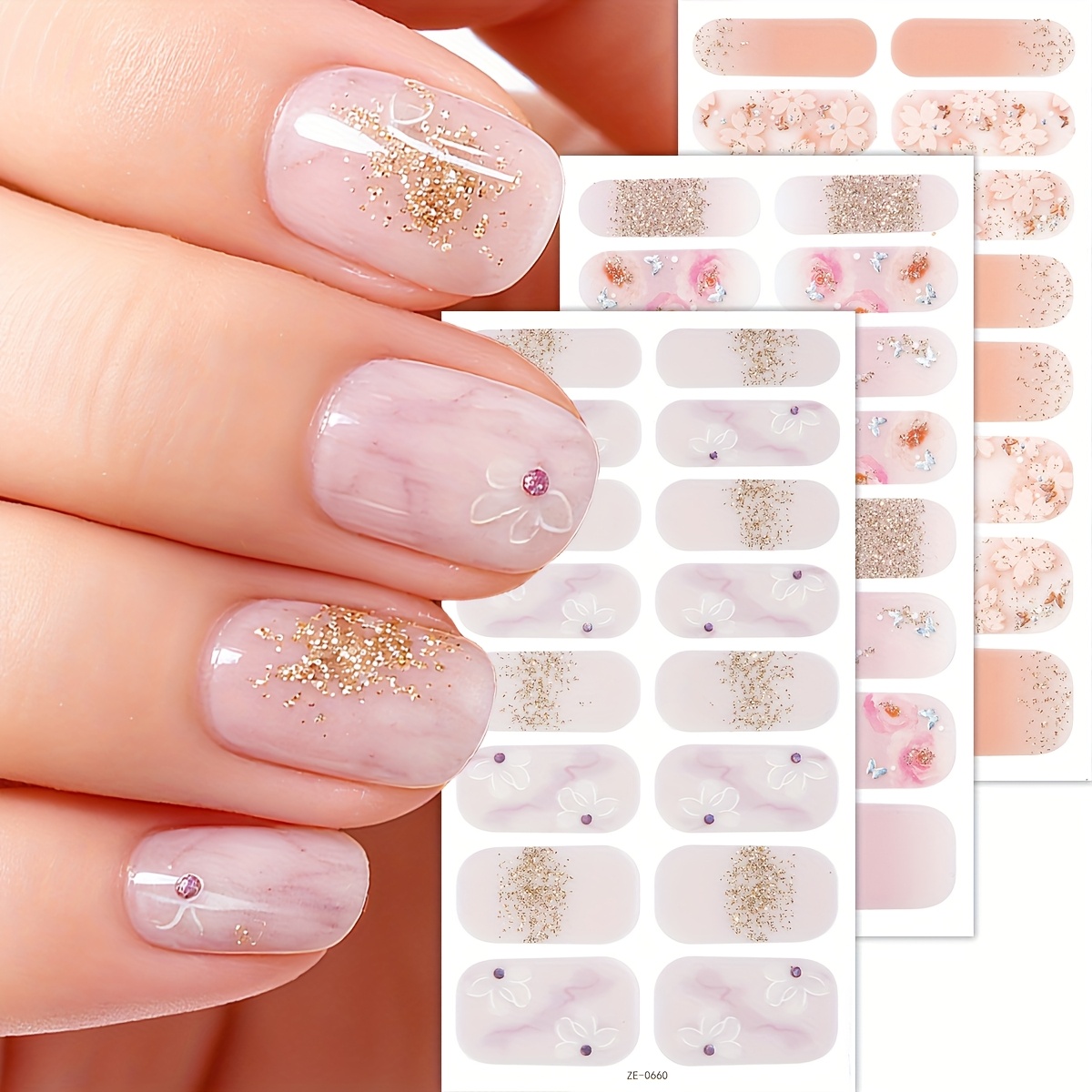 Image of 3 Sheets Nail Strips, Light Purple Nail Wraps, Golden Glitter&white , Self-adhesive Nail Stickers, For Women And, Diy Nail , Easy To Apply&remove, Road Trips Diy, Quick Nail Art, , Nail Accessories