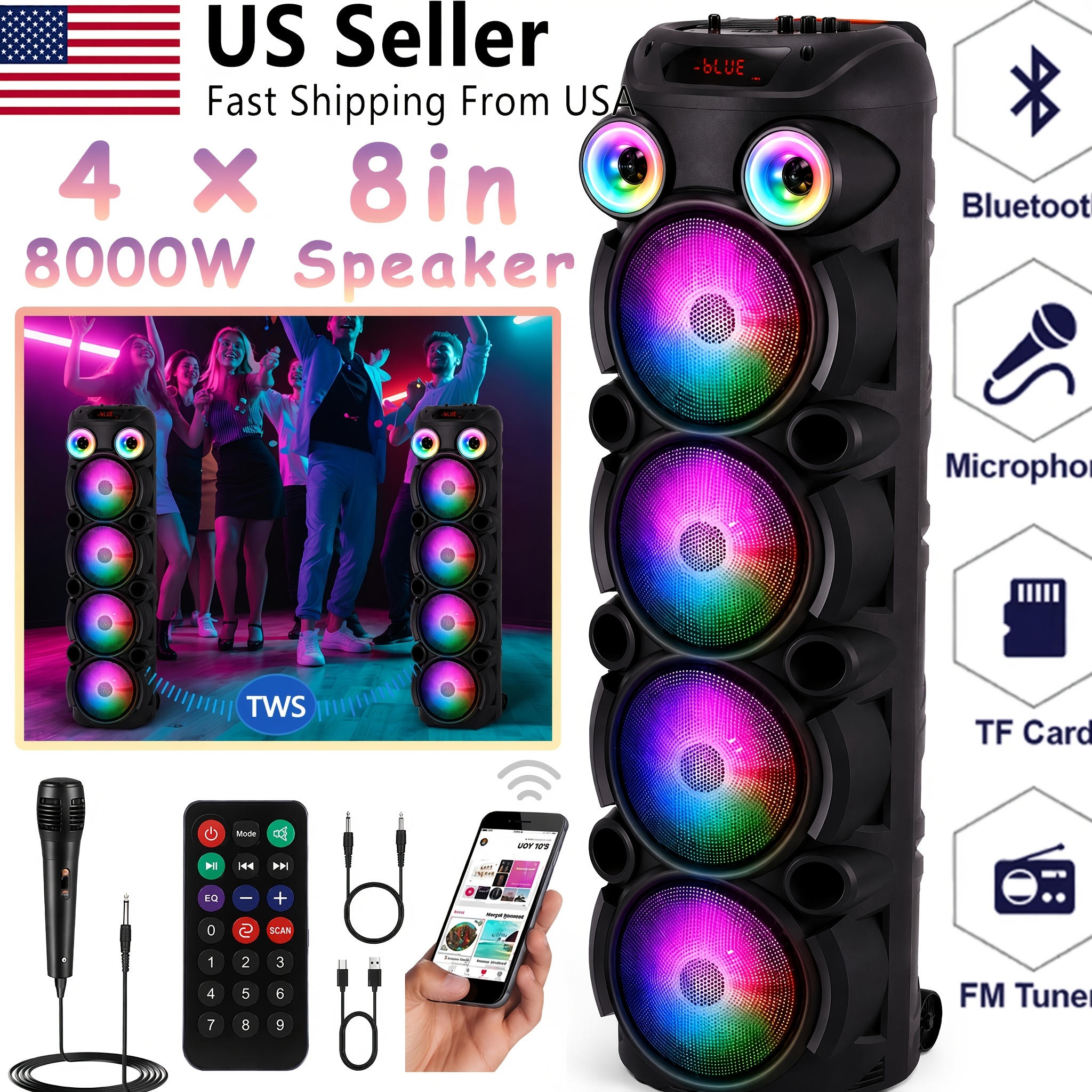 TEMU Portable Cylinder Bluetooth Karaoke Speaker With 4pcs 8-inch Woofers, Rgb Lights, 4x 8" Woofers Wireless System W/ Mic, 4x 8in Subwoofer Heavy ,