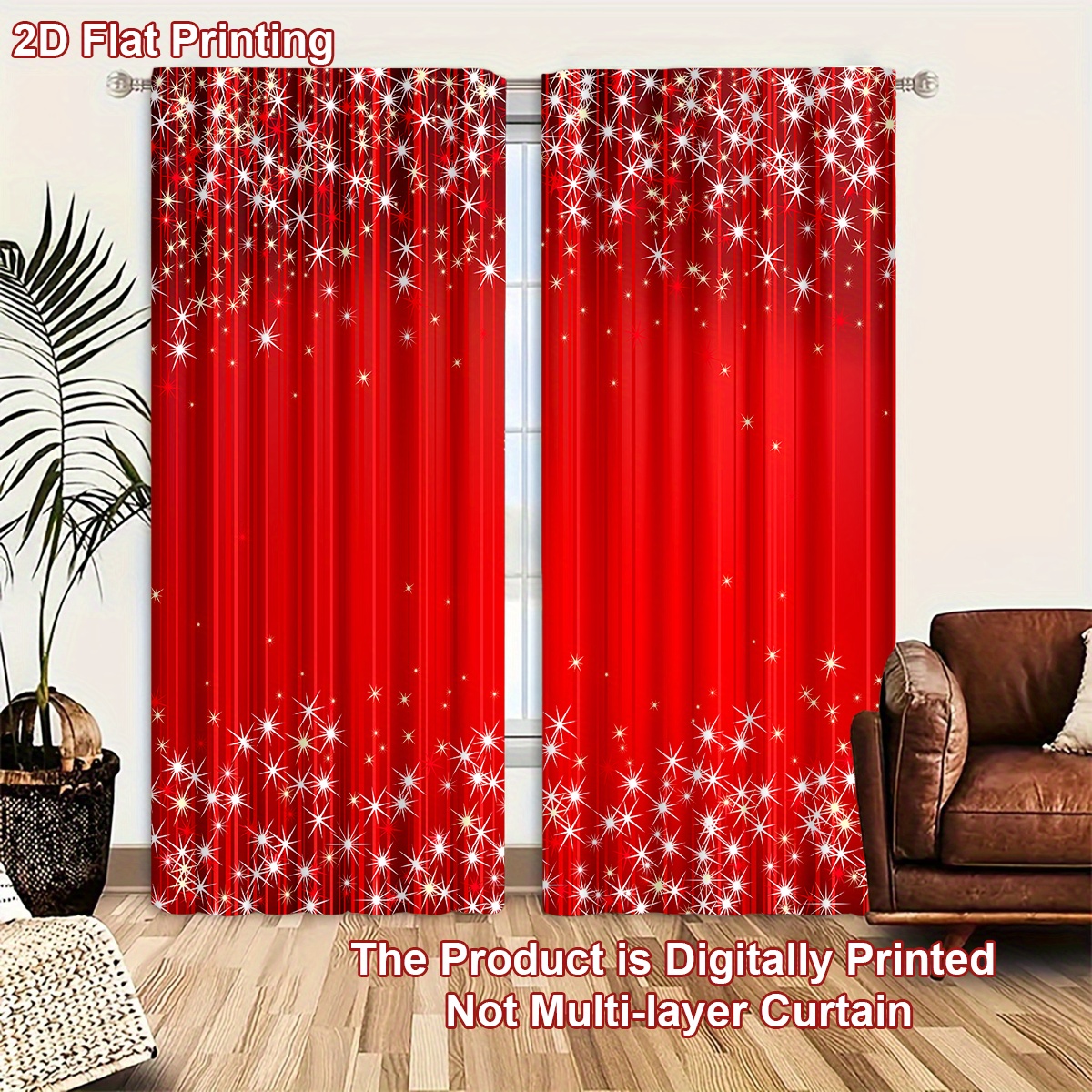 TEMU 2D Plat - 2D Plat - Ensemble de 2 rideaux de porte moustiquaire rouges à impression 2D avec étoiles scintillantes, rideaux décoratifs à fleurs,
