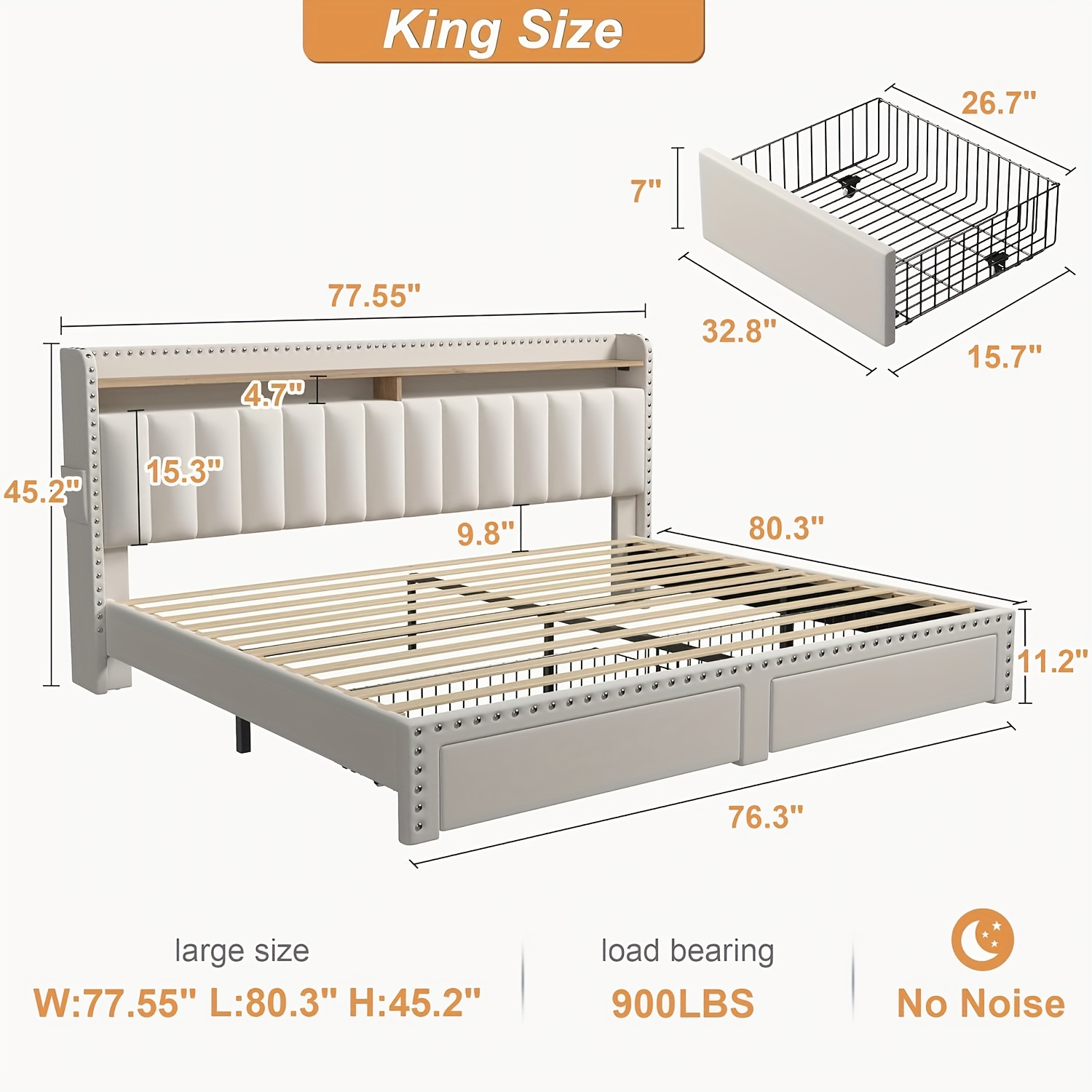 TEMU King Size Upholstered Bed Frame With Storage, 2-tier Headboard And 2 Drawers, Sturdy Wood Slats, Spring Needed, Noise-free, Modern Grey/beige,