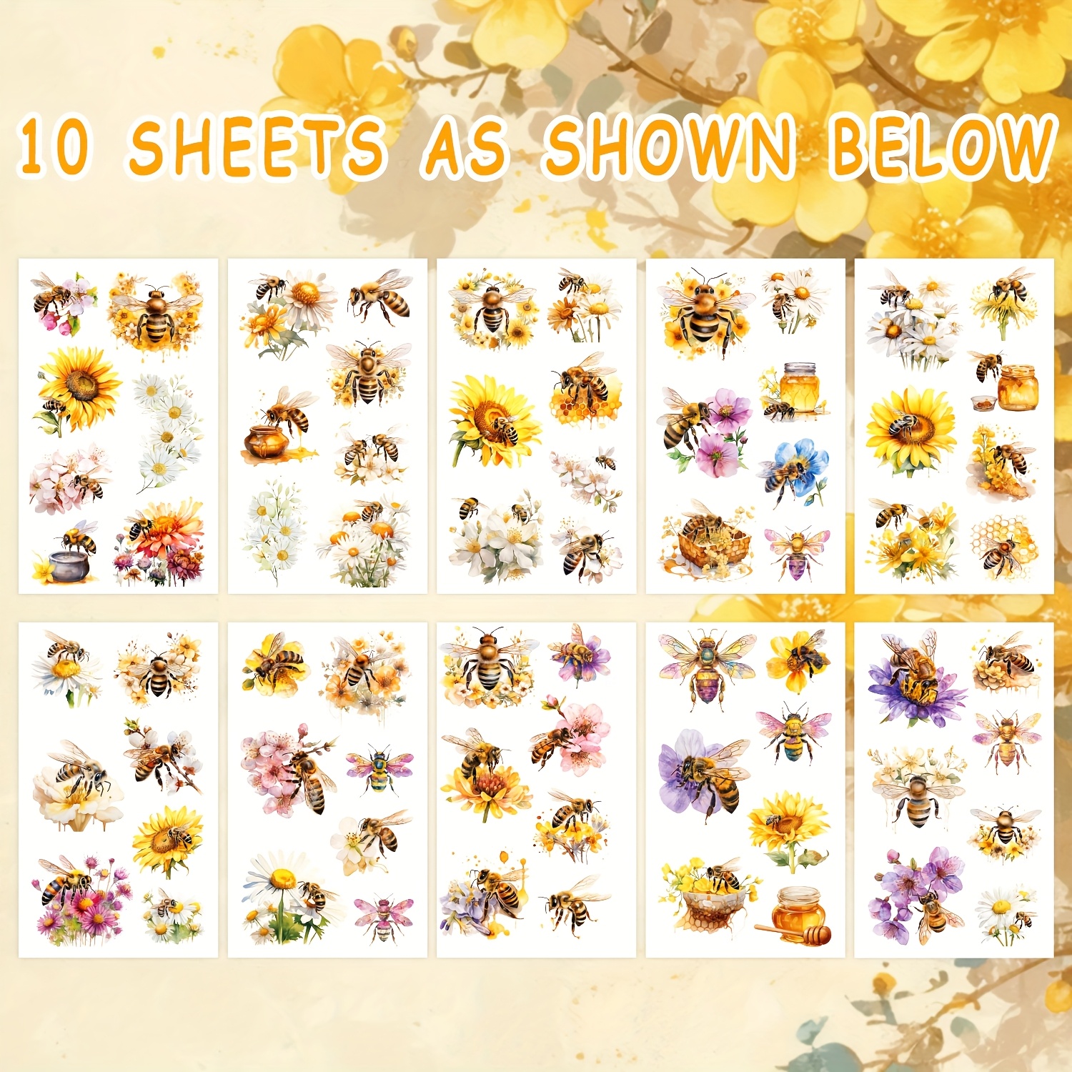 10pcs Of Temporary Bee Tattoos, Spring Party Decoration Set, Honey, Flowers, Bee Collecting Honey Stickers, For Spring