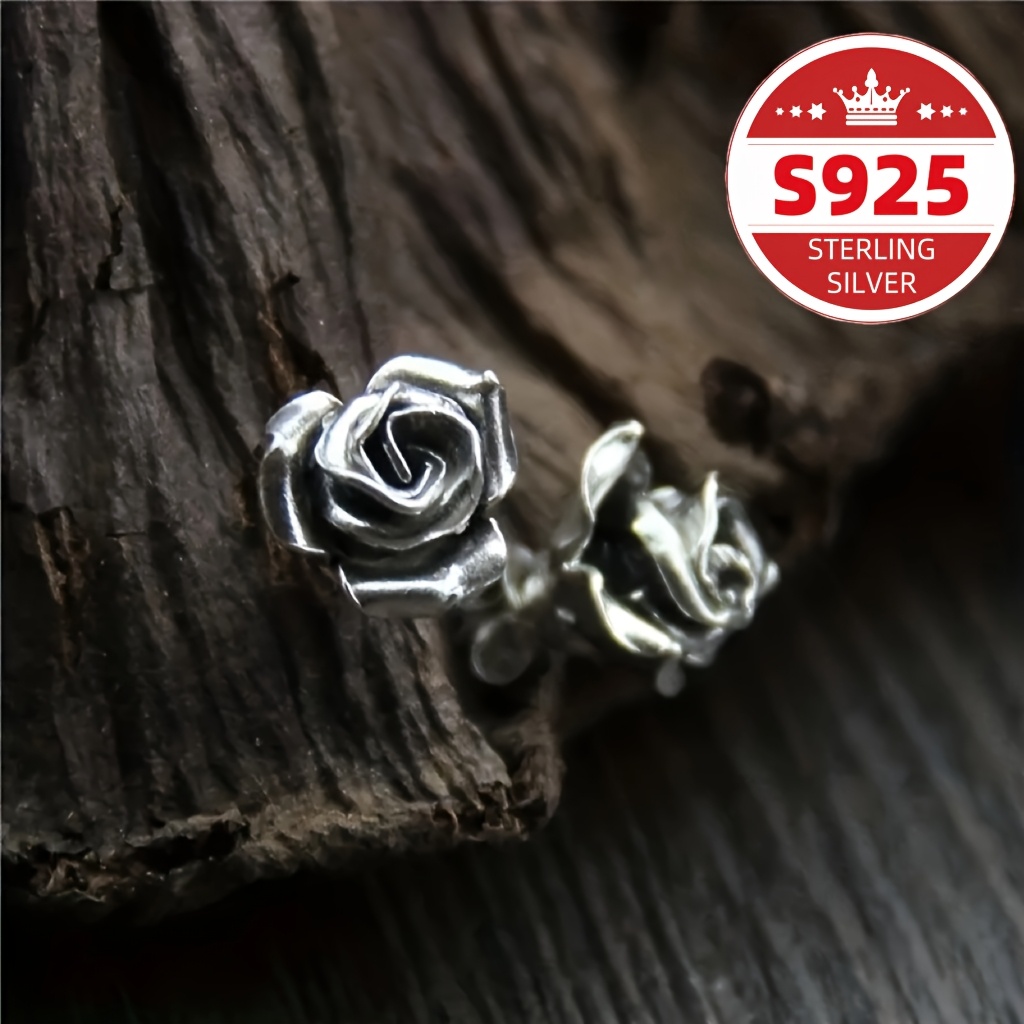 

Pair Of S925 Pure Silvery Retro Fashion Earrings For Men And Women, 2 Per Pair, With 3d Silvery Roses As A Gift , Women's Jewelry Christmas Gifts