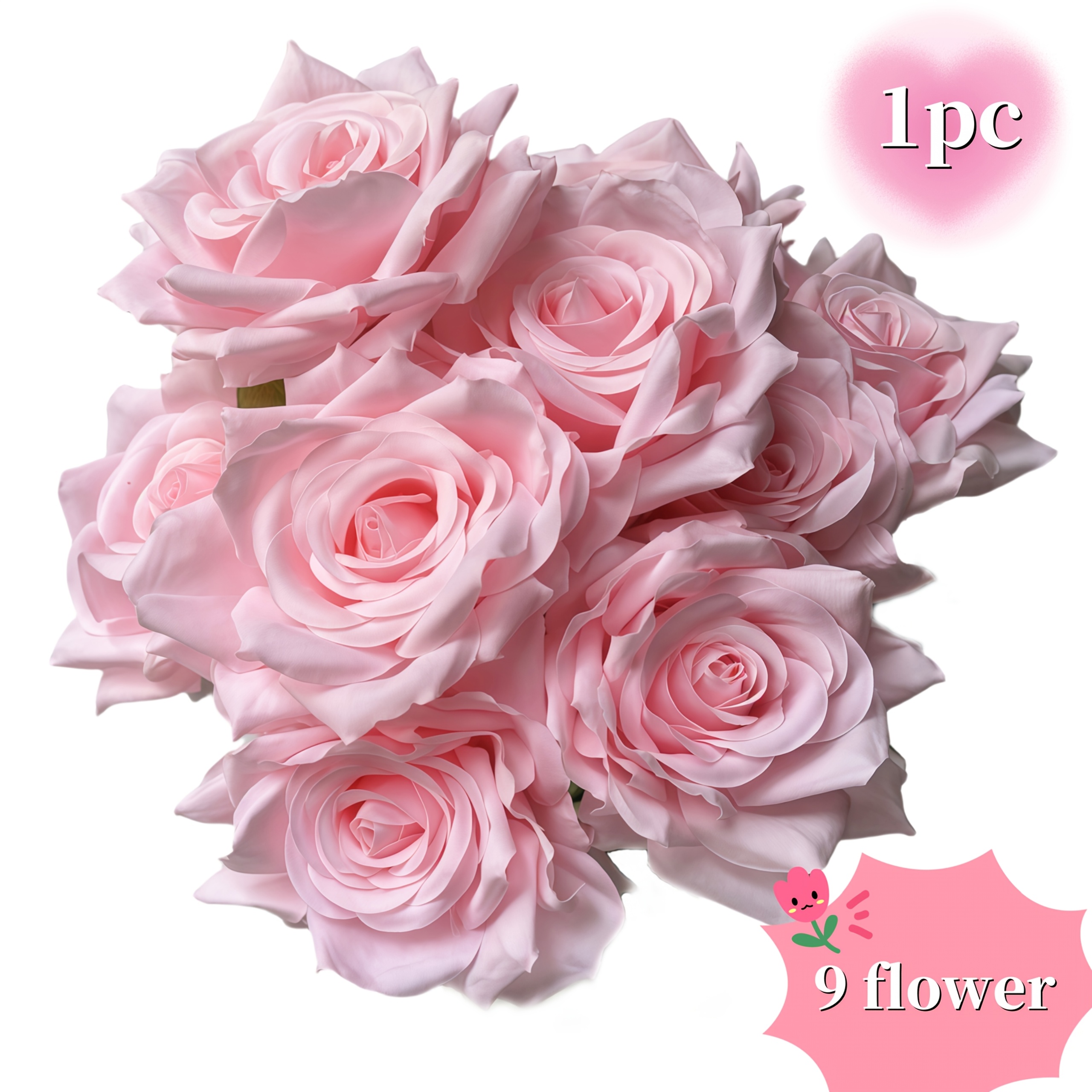 1pc 9 Stems Artificial Pink Roses With Stems - Realistic Plastic Flowers For Diy Wedding Bouquet, Bridal Shower Centerpiece, Christmas Party Table Decor, Valentine’s Day Decor