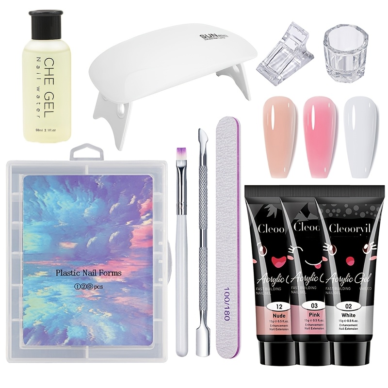 Poly Extension Gel Nail Kit For Beginners, Builder Gel Set With Brush Cleaner, 3 Gel Colors, 120 Tips, Home Nail Art Supplies, Easy Starter Kit, Gift For Her