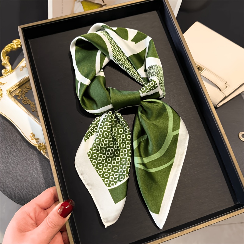 TEMU Green Geometric Floral Pattern Women' Scarf, Multi-functional Use As Headscarf, Scarf, Or Shawl, Suitable For Spring, Summer, And Autumn