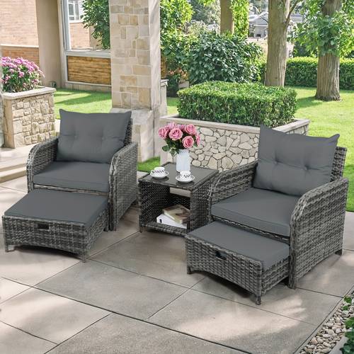 patio chair with ottomans and table 5pcs pe wicker rattan outdoor patio furniture set space saving design outdoor chairs with ottomans set for balcony poolside front porch deck grey