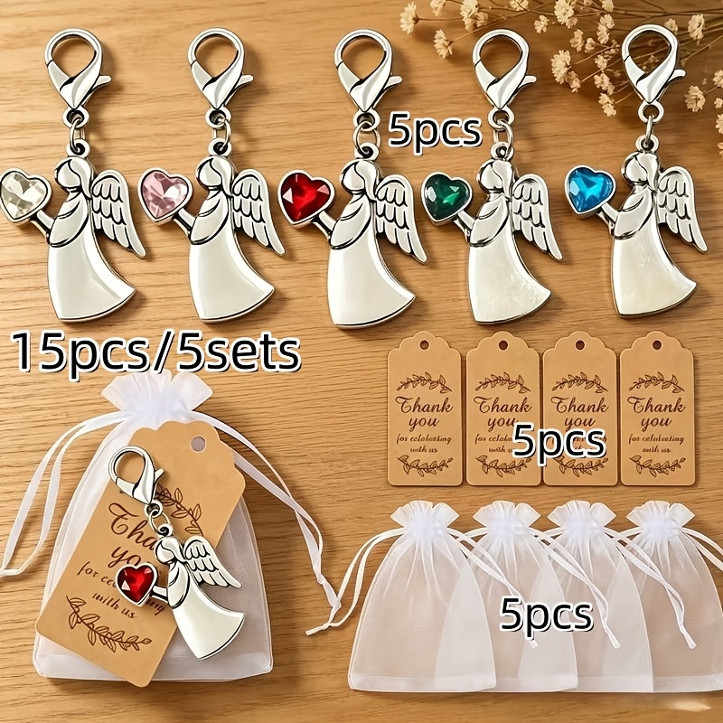 TEMU 15pcs/5sets Cute Style Love Rhinestone Keychain Set, 5 Keychains + 5 Cards + 5 Mesh Bags - For Halloween, Christmas, Thanksgiving, And Parties,