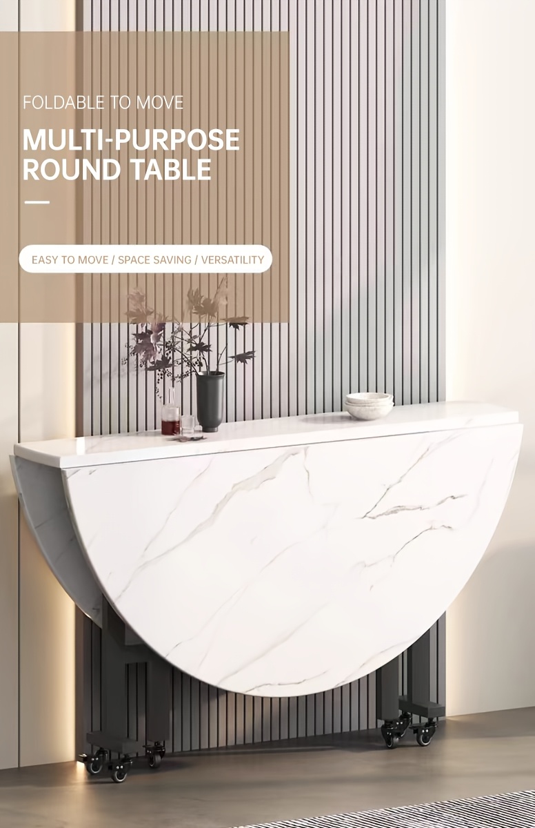 现代可折叠圆形餐桌，带 6 个轮子，可伸缩蝴蝶厨房桌，碳钢支架，小空间多功能折叠设计，硬木和人造木结构 商品详情 3