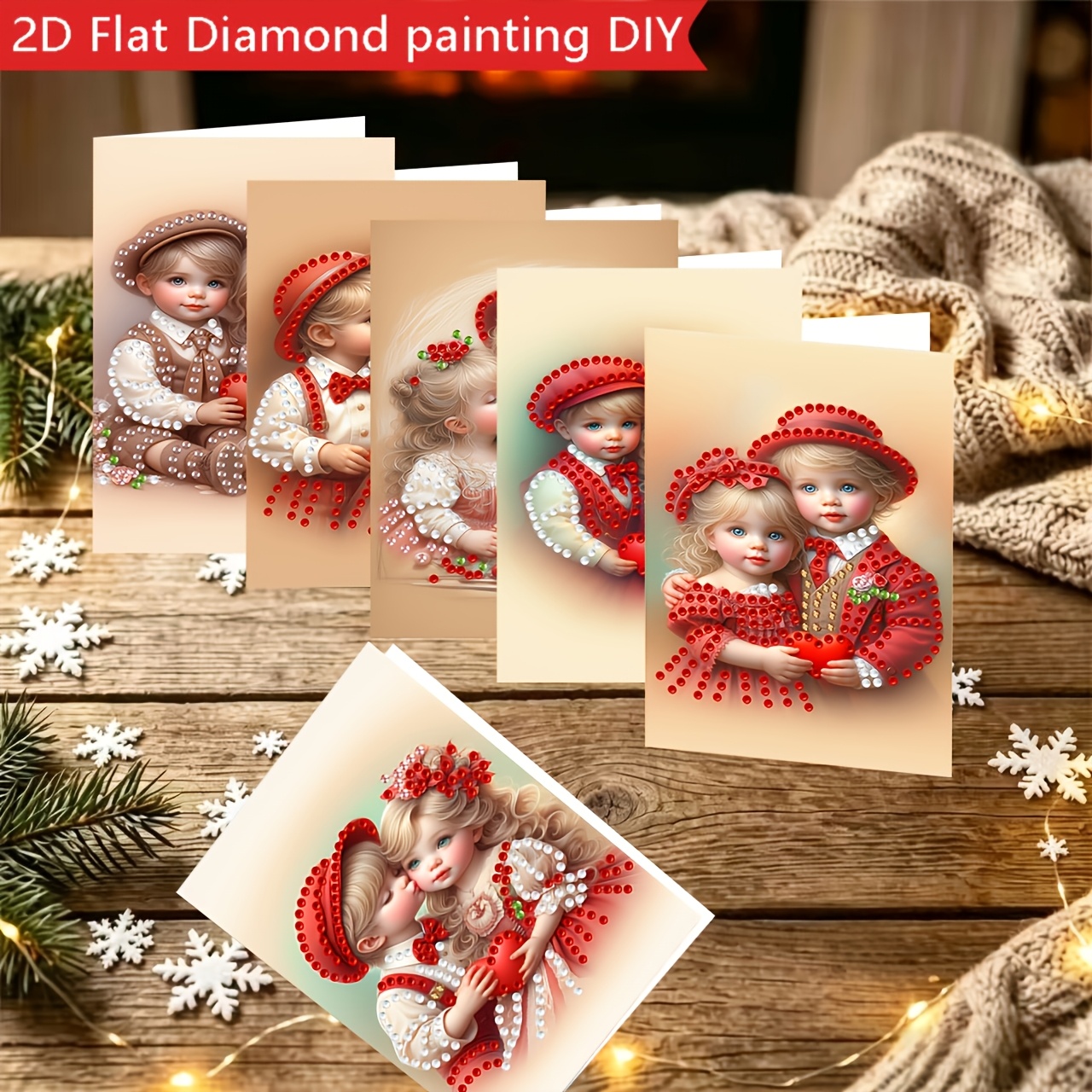 TEMU Nieuwe 6-delige 2D Platte Druk Diamond Painting Wenskaart Kit, Irregulaire Kristallen Irregulaire Boortjes, Ontwerp. Ronde Strass Irregulaire