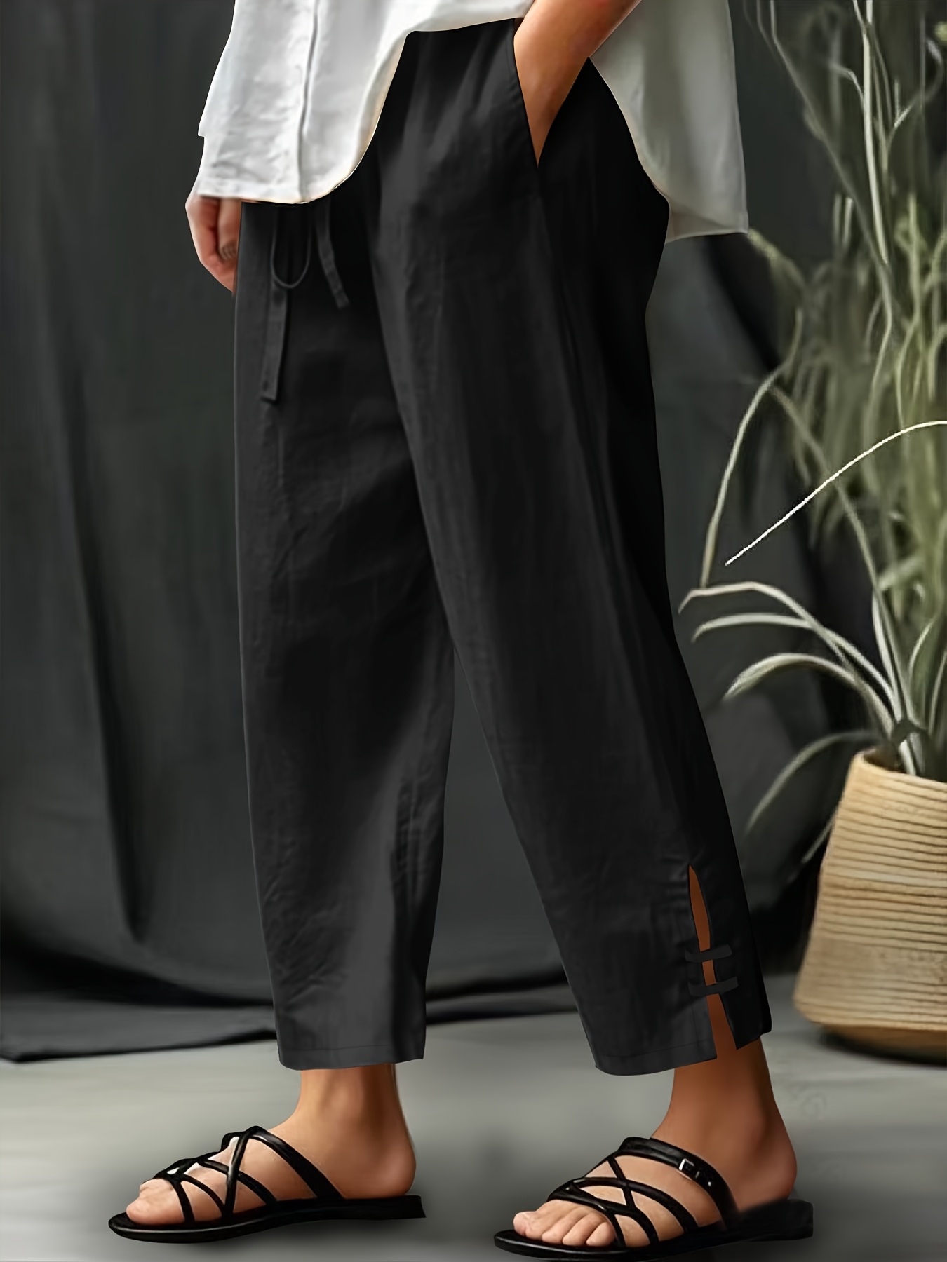 plus size plus size xiaofus directional   new stylish plus size womens textured elastic waist decorative rope tapered pants with elegant split cuffs
