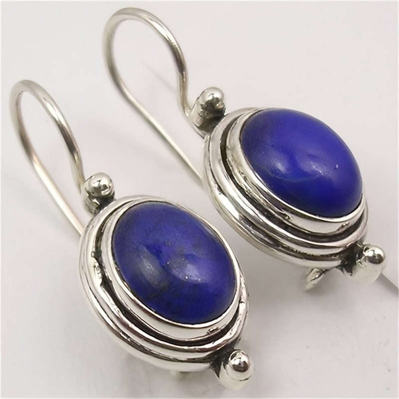 Retro Women's Oval Pendant Earrings with Blue Main Stone