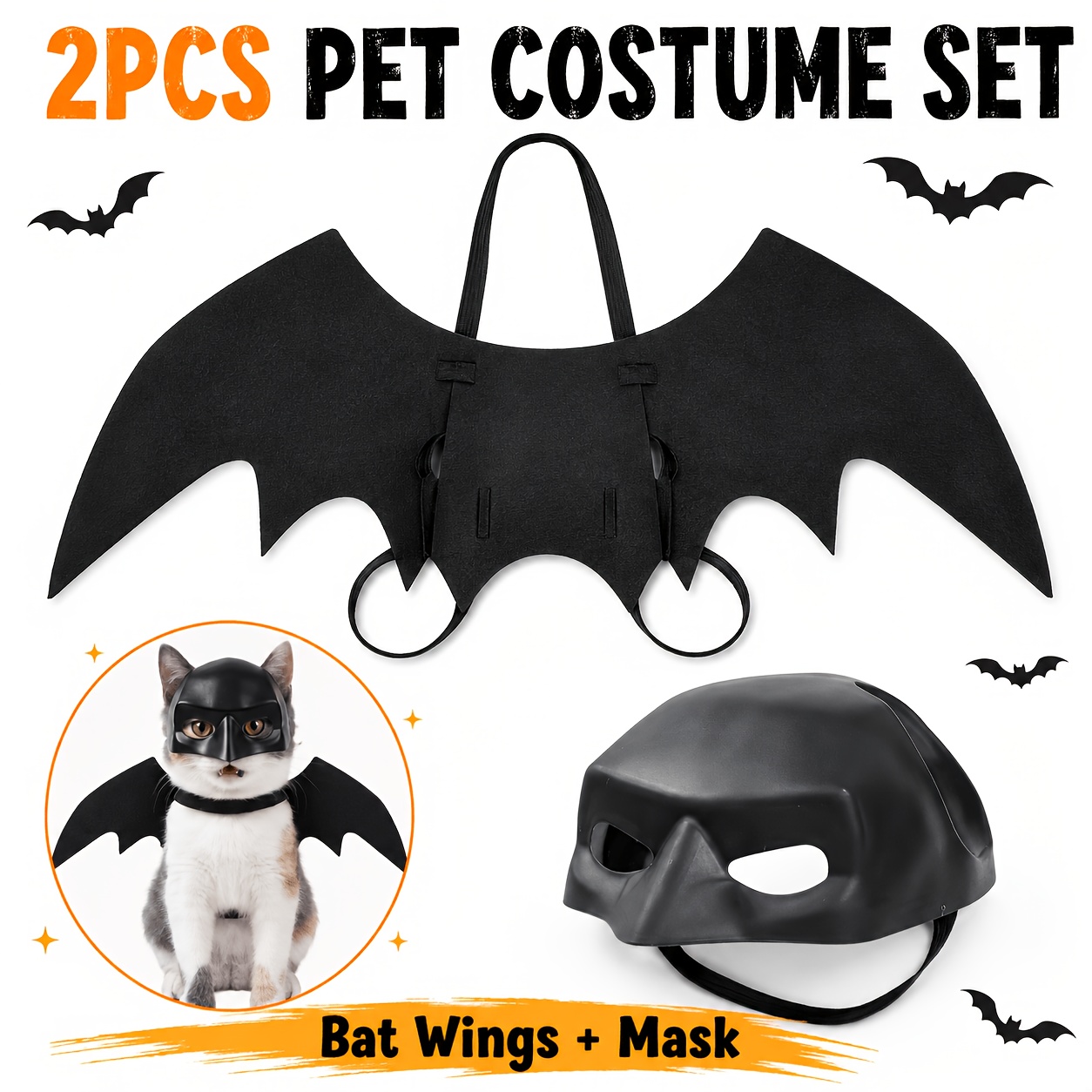 TEMU 2pcs For Cats & Small Dogs Bat Costume With Adjustable Bat Wings & Mask - Felt Winged Outfit, Plastic Mask Suitable For Halloween Parties, Photo