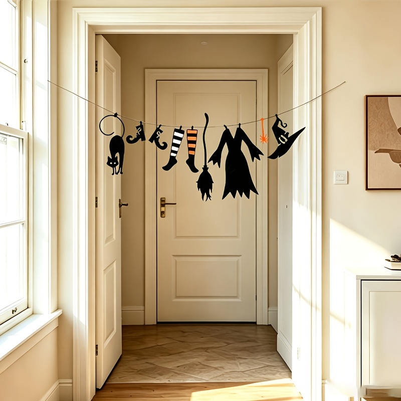 TEMU 7pcs Halloween Witch-themed Banner Set, Featuring Cute Witch Hats, Witch Long Dresses, Striped Socks, Robes, Brooms, Boots, Black Cats, And , In