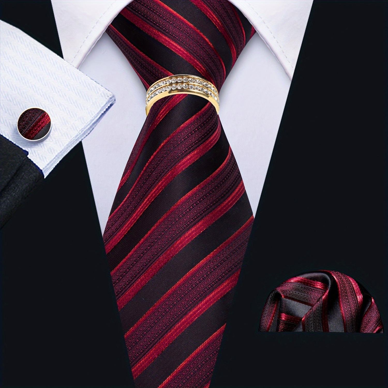 

Lineziseid 1set Formal Red Striped Mens Wedding Vintage Hanky Square Ring Set