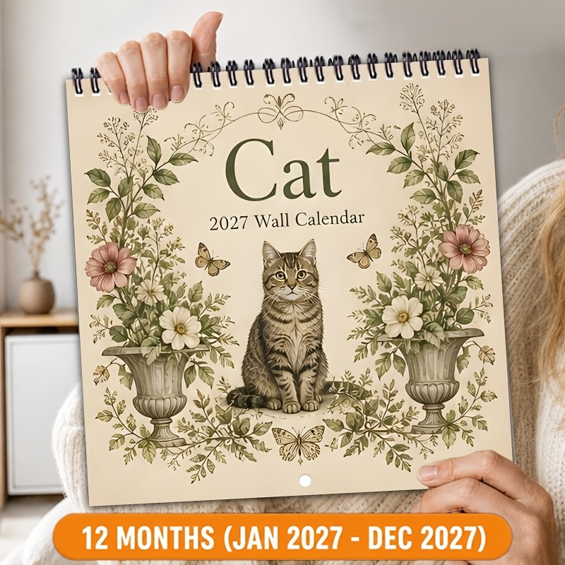 TEMU 2027 Wall-mounted Cat Wall Calendar, 12-month Annual Organizer, Wire Spiral Binding, 21.08x21.08cm Large Size Block, Plant Flower Printing