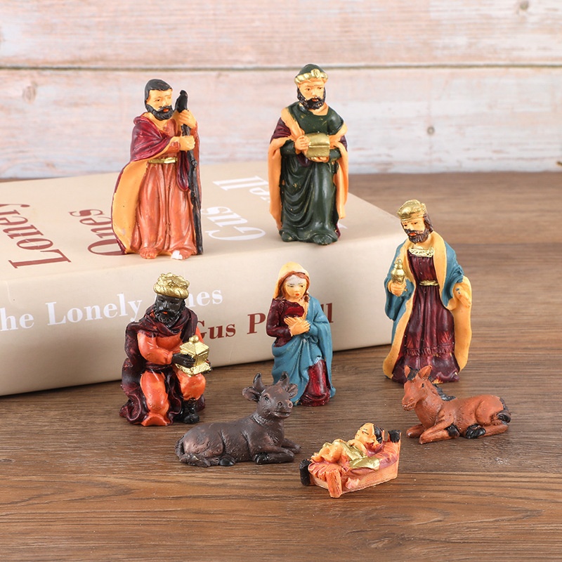 TEMU 1 Set Of Decorations For The Nativity Scene, Resin Hand-painted 8pcs Set, Christmas Decoration Gift, Church Home Display, Complete Horse Trough